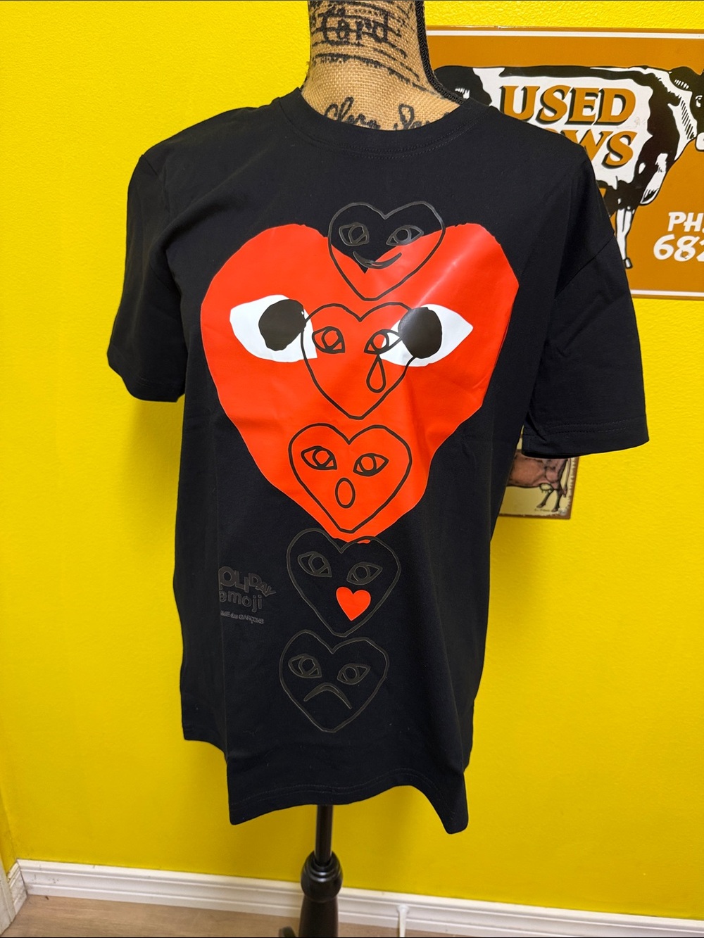 Comme des Garcons PLAY Black Tee with Red Heart Stack Graphic